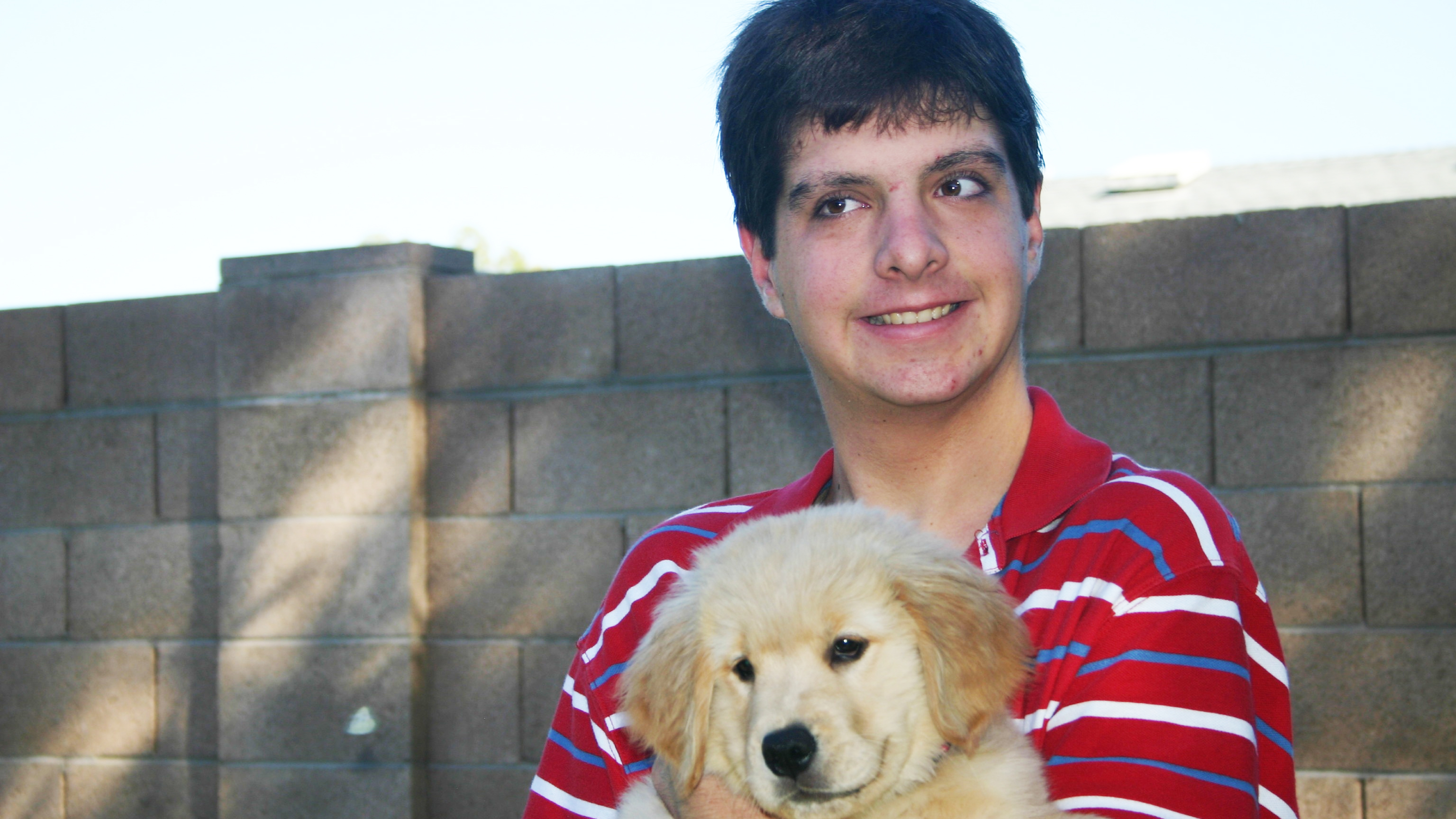 Young adult man holding golden retriever puppy