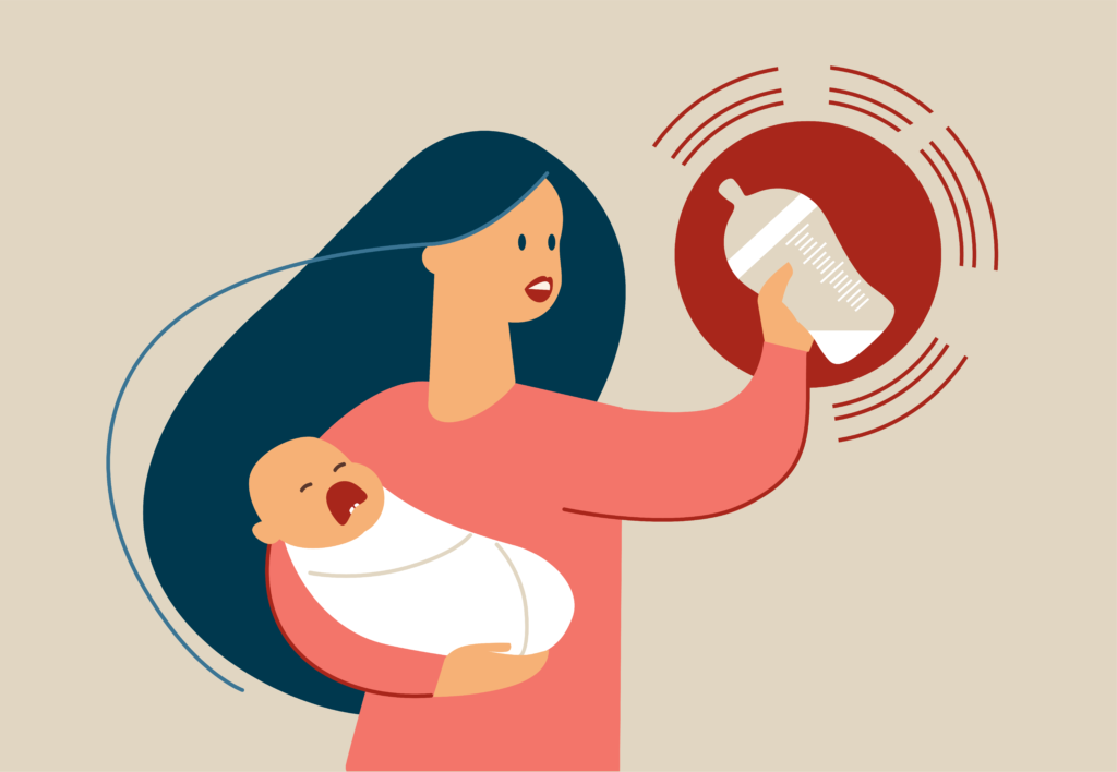 illustration of woman holding crying baby and shaking a baby bottle