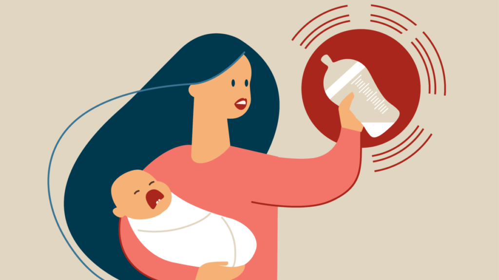 illustration of woman holding crying baby and shaking a baby bottle