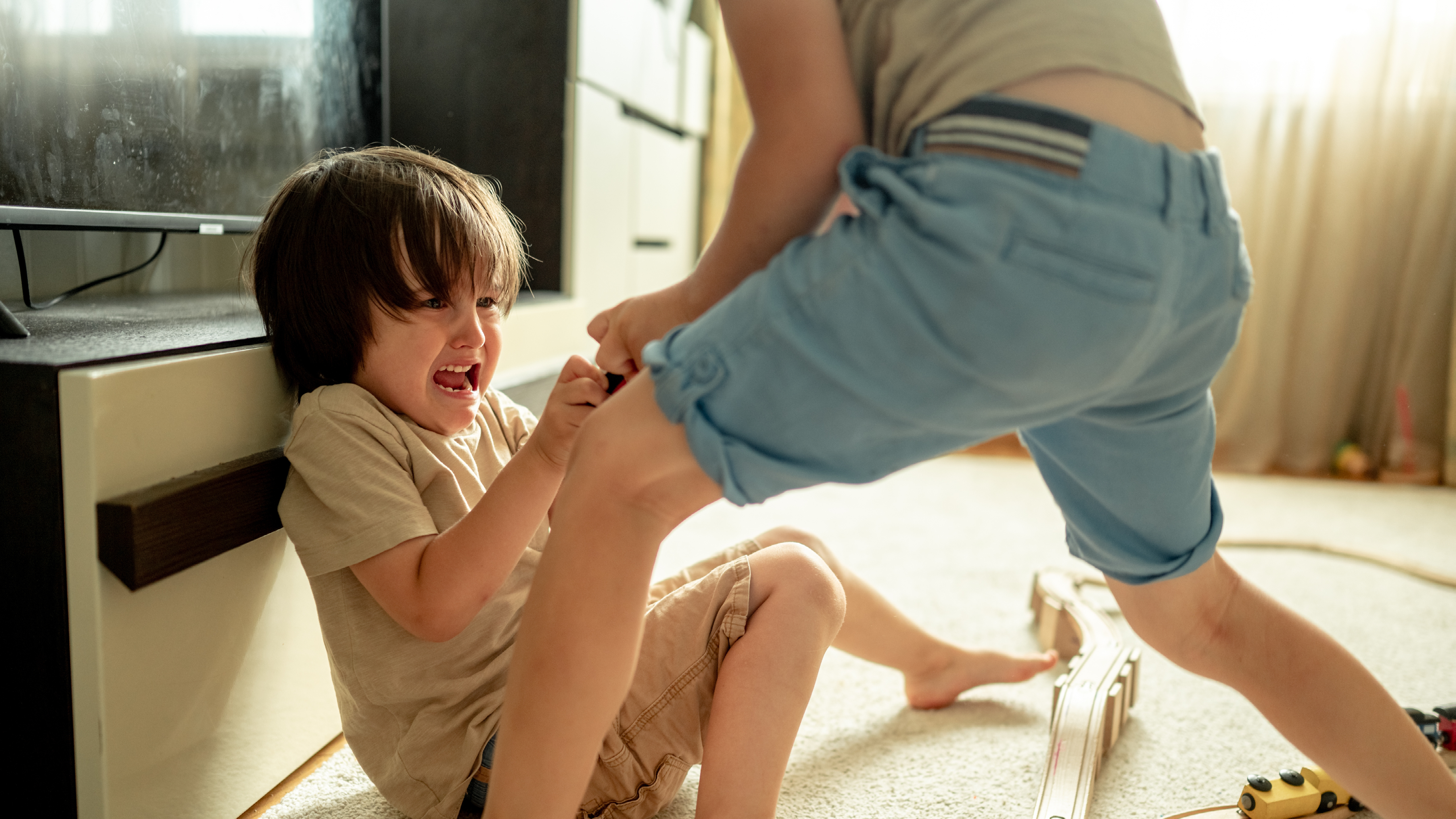 two young children fighting over a toy